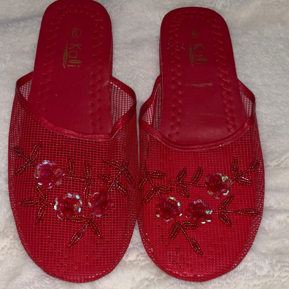 Kali Red Floral Mesh Slide Slippers for Women
